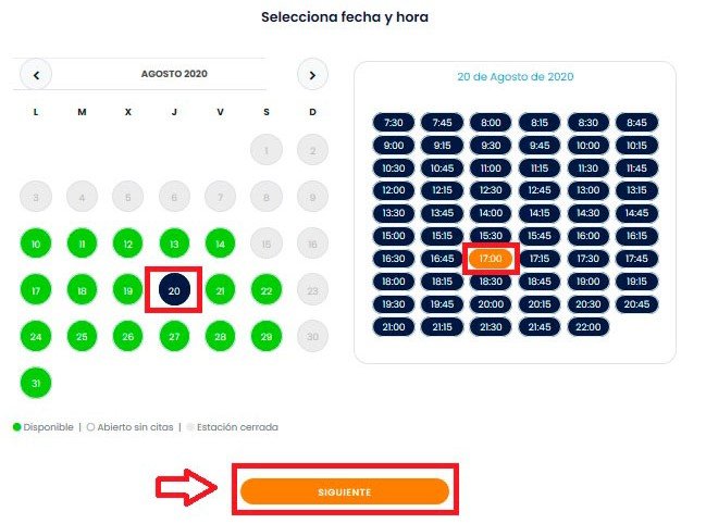 seleccionar fecha y hora cita itv